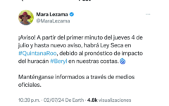 Implementan Ley Seca en Quintana Roo ante inminente impacto del Huracán Beryl